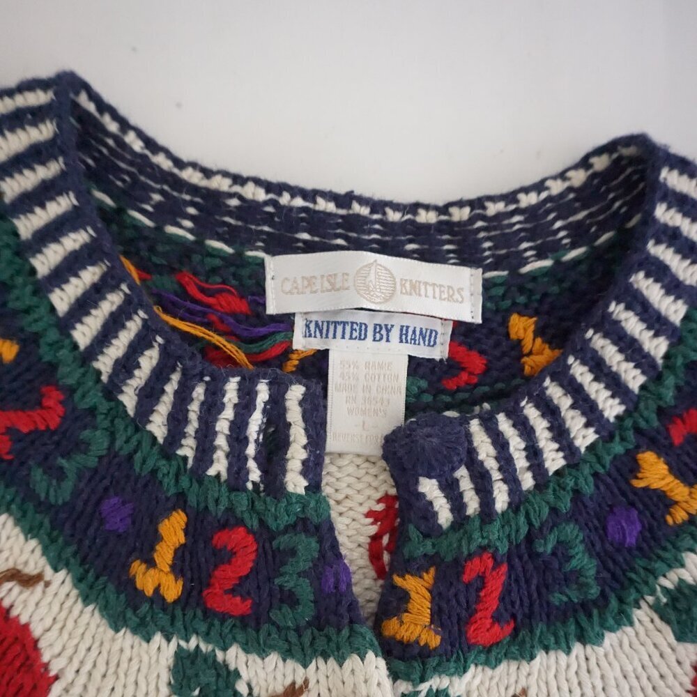 Vintage Cape Isle Knitters Navy Apple Numbers Cotton Hand Knit Blue Cardigan M - Picture 10 of 10